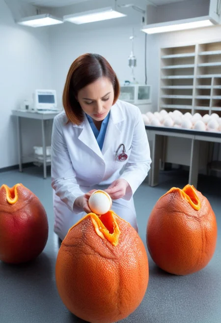 blood orange style, xenoegg, view of a group of hatched xenoeggs, xenoeggs made of orange peel, horror theme, green light, space station interior, foggy ground, beautifully lit,
Female Doctor in lab coat inspecting eggs