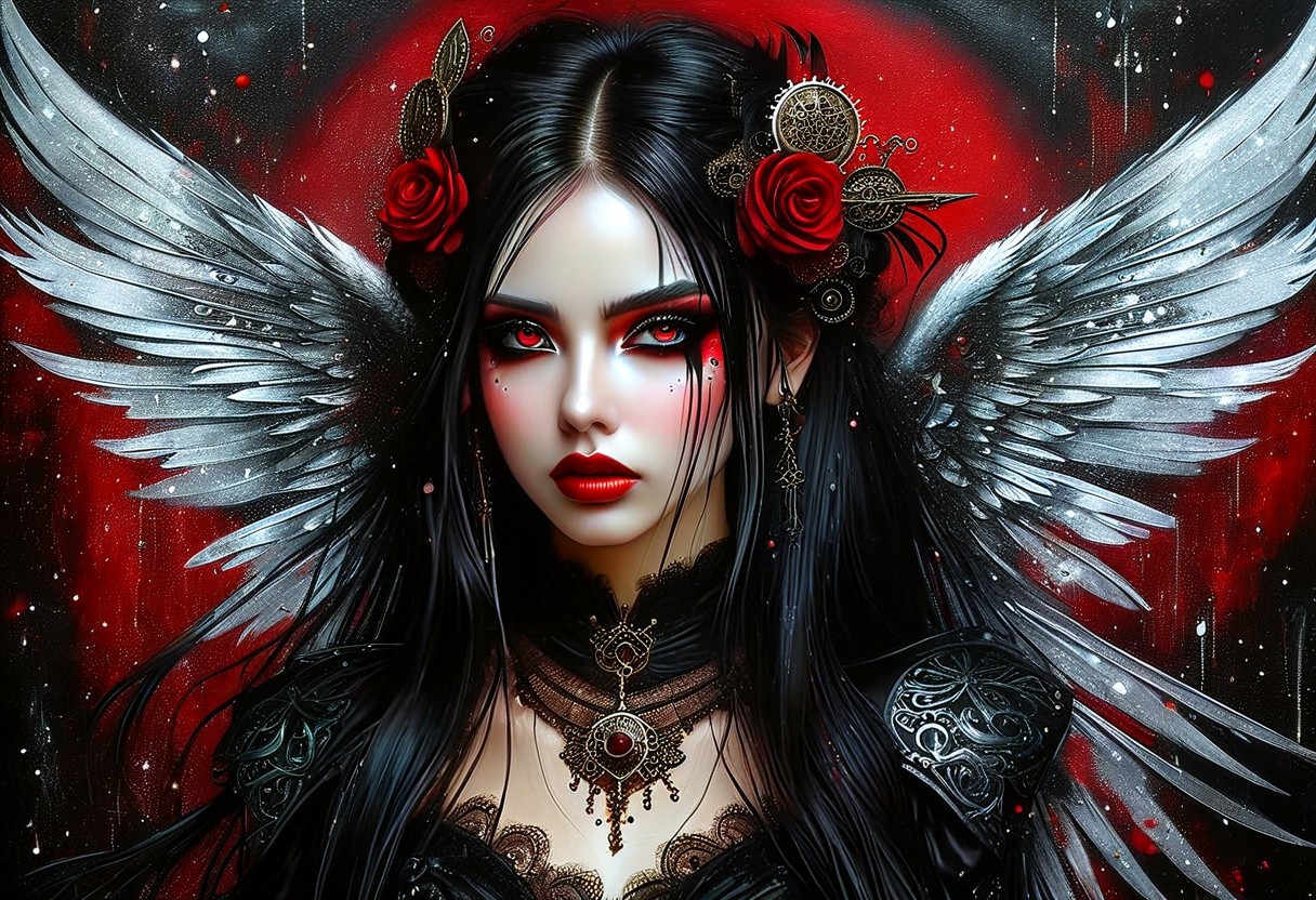 dark macabre wet watercolor portrait of a Fantasy hyper detailed steampunk unique ultra Realistic boujie goth evil angel in beautiful Black dress, big tattered wings, dark goth make up, Black hair with red highlights, big clear eyes, dark night, Glamour Shot, very close up(1.5) head and shoulders portrait, insanely detailed and intricate, hypermaximalist, elegant, ornate, hyper realistic, super detailed, glitter decadent detailed, centered in frame, 8k resolution, art by Anders Zorn | Marco Mazzoni | Yuri Ivanovich, Todd McFarlane, Aleksi Briclot, oil on canvas