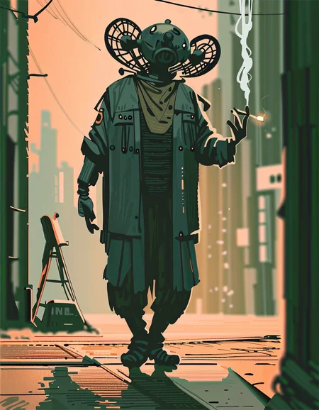 score_9, score_8_up, score_7_up, Mignstl, Alsel, full body shot, standing, smoking cigarette, city streets, front view, volumetric light, surrounded by robots, perfect eyes, perfect hands, detailed fingers