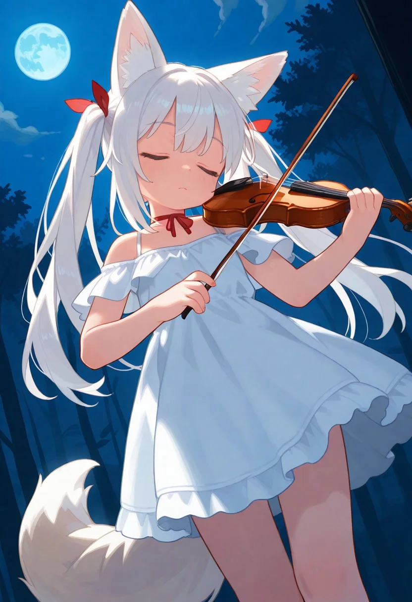 masterpiece, score_9, score_8_up, score_7_up, EasyNegative_v2,
(best quality:1.1),ultra-detailed, high resolution, super detailed skin, beautiful detailed eyes, Brightly Lit, Highly Visible, 8k, sharp focus, beautiful, perfect lighting, beautiful eyes, anatomically correct, anatomically correct face, extremely detailed eyes, smooth edges, beautiful face, symmetrical eyes, symmetrical face,
(standing:1.3), (playing the violin:1.5), (closed eyes:1.5),
1girl, cute girl, (white hair, long hair, twintails, hair ribbon:1.3), (fox ears, fox tail:1.5), (white dress, off-shoulder, ribbon choker:1.3),
bright lighting, (night, full moon, blue moon:1.3), (dutch angle:1.5),