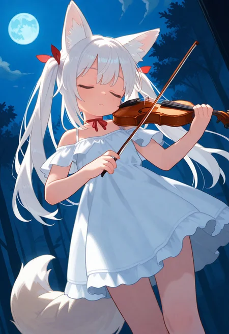 masterpiece, score_9, score_8_up, score_7_up, EasyNegative_v2,
(best quality:1.1),ultra-detailed, high resolution, super detailed skin, beautiful detailed eyes, Brightly Lit, Highly Visible, 8k, sharp focus, beautiful, perfect lighting, beautiful eyes, anatomically correct, anatomically correct face, extremely detailed eyes, smooth edges, beautiful face, symmetrical eyes, symmetrical face,
(standing:1.3), (playing the violin:1.5), (closed eyes:1.5),
1girl, cute girl, (white hair, long hair, twintails, hair ribbon:1.3), (fox ears, fox tail:1.5), (white dress, off-shoulder, ribbon choker:1.3),
bright lighting, (night, full moon, blue moon:1.3), (dutch angle:1.5),