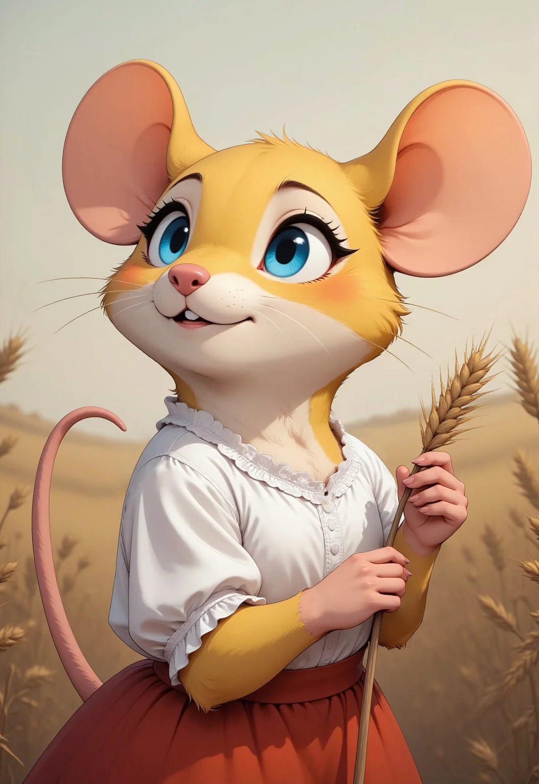 The upper body of a yellow-furred mouse rises gently from the tall wheat, her velvety coat glowing softly in the warm light of late afternoon. Her small, rodent-like paws, complete with slender fingers and tiny, curved claws, delicately grasp a wheat stalk, the touch so light it barely bends under her weight. Her proportions are distinctly mouse-like, from her rounded snout and twitching whiskers to the fine details of her gently perked ears.
She wears a crisp white blouse with intricate lace along the neckline and cuffs, the fabric lightly ruffled by the breeze, while the bright red skirt she dons peeks faintly below the blouse. Her large, expressive blue eyes are filled with gentle curiosity, gazing slightly upward as if caught in a moment of thought or wonder. Her posture exudes life, her slight tilt of the head adding a sense of personality and animation to the scene.
Behind her, a slender tail emerges naturally from beneath the hem of her blouse, curling lightly as it dips gracefully into the wheat below, its placement harmonious with the flow of her body. The wheat stalks surround her organically, brushing lightly against her arms and clothing without overwhelming the scene, their golden hues blending seamlessly with the warm, tranquil atmosphere.
The composition captures her from the chest up, with a soft focus on the wheat in the foreground and background, creating depth while keeping her lively presence at the heart of the image.