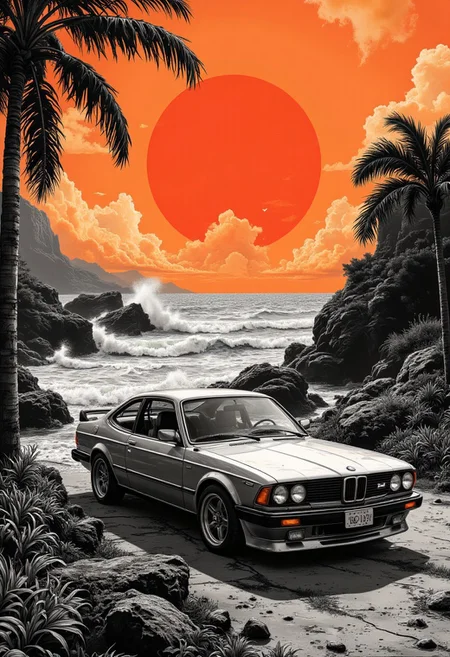 A graphic illustration, in black and white, of an ocean landscape with a bright orange sunset.streets,.photoshoot near the ocean at sunset near a 90s car
<lora:Dieselcore:0.7> d1eselc0re <lora:Glitchcore_Flux:0.4> gl1tchc0re