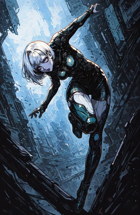 1girl, anime coloring, medium breasts, single hair intake, short hair, parted lips, Outdoors,futuristic background, dystopian mood, scifi,748cmstyle,dynamic pose,hunt3rd, leila, pale skin, white hair, gothic makeup,digital artwork