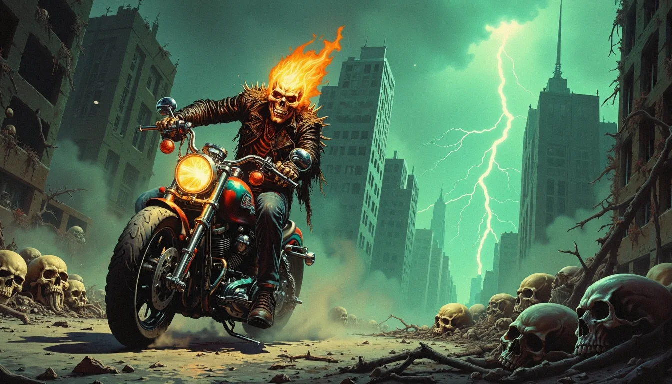 slimes_skullwm. A dramatic action shot of a flaming skeleton biker riding a skull-adorned Harley Davidson through an abandoned city. The biker wears a tattered black leather jacket with spikes, and his skeletal head burns with intense orange flames. The city is in ruins, with massive piles of human skulls scattered on the cracked asphalt, skulls embedded into the broken windows of buildings, and bone-like vines creeping up skyscrapers. Dark storm clouds loom overhead, with flashes of eerie green lightning illuminating the scene. The atmosphere is ominous and action-packed, with dust and debris kicked up by the roaring motorcycle.