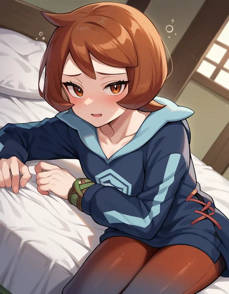 score_9, score_8_up, score_7_up, source_anime,
pokemonarezu, <lora:pokemon-arezu-ponyxl-lora-nochekaiser:1>
pokemonarezu, brown hair, cowlick, short hair, brown eyes,
collarbone, diamond clan outfit, jacket, long sleeves, pantyhose,
indoors, bed, bed room, on side, blush, drunk,
looking at viewer, cowboy shot, dutch angle,