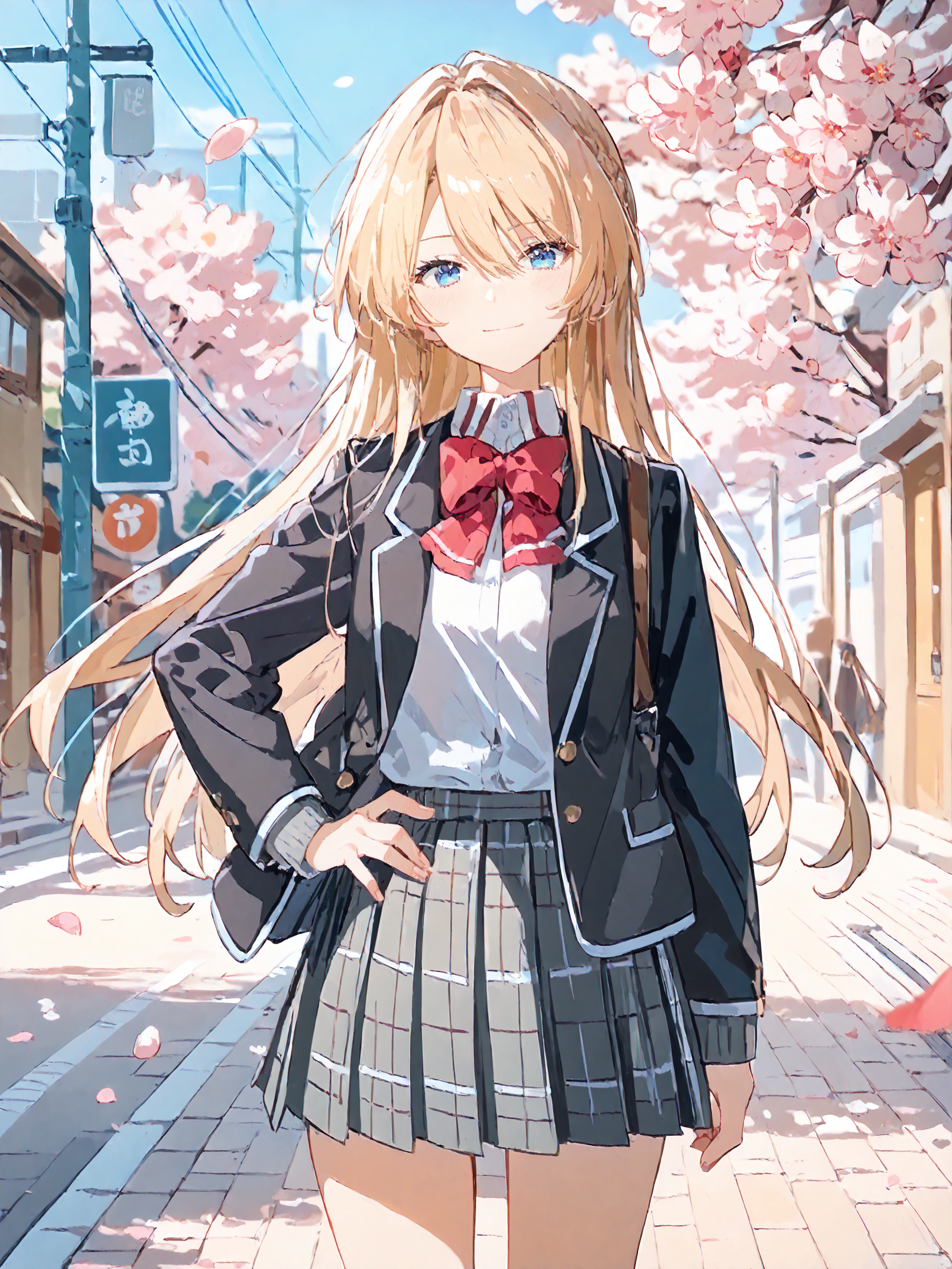 score_9, score_8_up, score_7_up, source_anime, ray tracing, best quality, <lora:Style-Expressive_H-pony:0.8>,  <lora:Char-Ouzuka-Mai-V1-Pony:0.9>,  1girl, ouzuka mai, solo, blue eyes, school uniform, pleated skirt, plaid skirt, white collared shirt, blazer, red bowtie, hand on hip, looking at viewer, light smile, standing, cowboy shot, outdoors, street, cherry blossoms, petals, depth of field