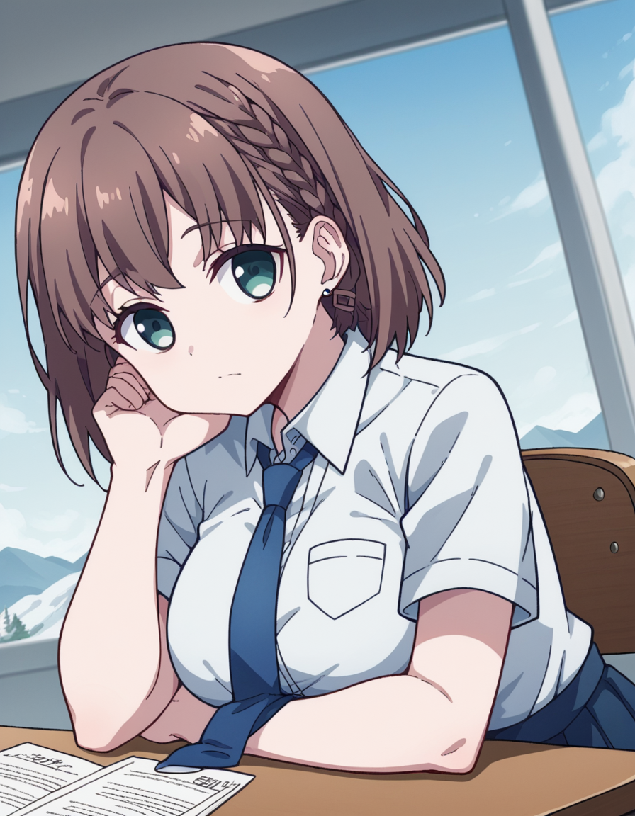score_9, score_8_up, score_7_up, source_anime, <lora:tawawa-ai-s1-ponyxl-lora-nochekaiser:1>, ai, short hair, brown hair, green eyes, braid, side braid, large breasts,, skirt, shirt, jewelry, school uniform, white shirt, short sleeves, pleated skirt, earrings, necktie, collared shirt, blue skirt, blue necktie,, snow day, winter clothes, snowball fight, laughter, cold breath, white landscape, , looking at viewer, sitting, elbow rest, table,, solo,, cowboy shot, dutch angle