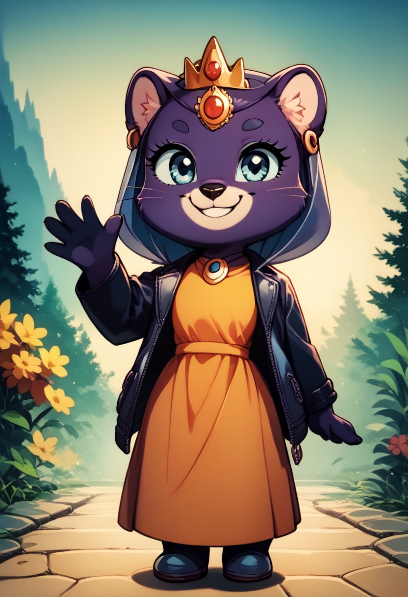 score_9, score_8_up, score_7_up, score_6_up, best quality, source_anime, (cute), solo, 1girl, female, shortstack, looking at viewer, love, source_cartoon, standing, hand on hip, exterior, Rainbow, smile, waving, full body,
princess_romy, romy_panther, furry, anthro,