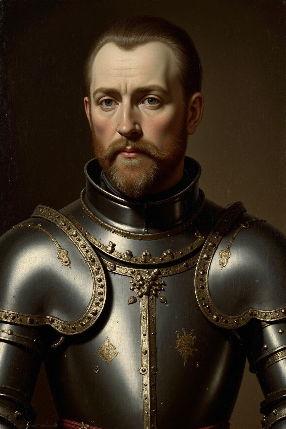 YFG-Sm0rg, yfg-p@int, Masterpiece painting of a medieval knight in a dimly lit studio, captured with an Olympus OM-D E-M1 camera and a 50mm f/1.4 lens. Set the aperture to f/2.8 for a shallow depth of field, emphasizing the subject's face and subtle details. The composition should focus on centered placement, mirroring the traditional master paintings' emphasis on symmetry and balance. Adjust the shutter speed to 1/30 to create a sense of movement and blur in the knight's armor, mimicking the soft brushstrokes used by old masters. Set the white balance to warm tones to evoke an antique atmosphere. Use subtle reflections on polished armor and delicate shadows to add depth and texture to the subject, reminiscent of the nuances found in classical oil paintings.