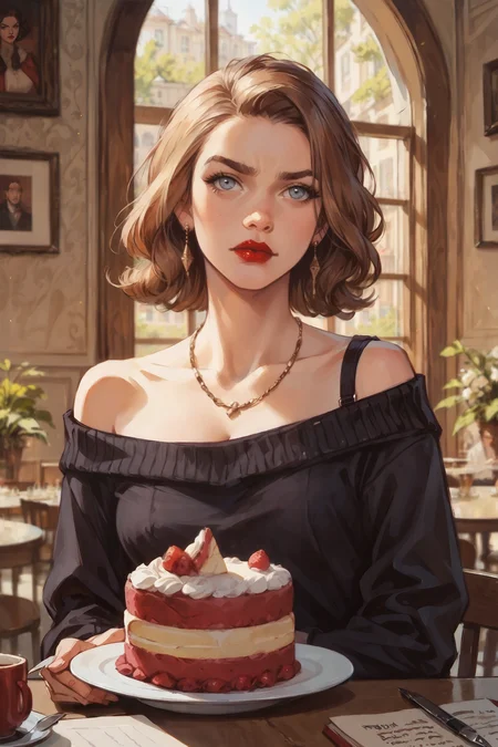 score_9_up, score_8_up, score_7_up, PRSNL3, norman rockwell style,  masterpiece, high detailed, comicbook_illustration, realistic face, detailed background BREAK cafe, public, exibitionism,  BREAK
1 woman, disgust, off shoulder sweater, red lipstick, looking at cake,
<lora:norman_rockwell_style_pony_v6:0.6>  <lora:PRSNL3:0.8>