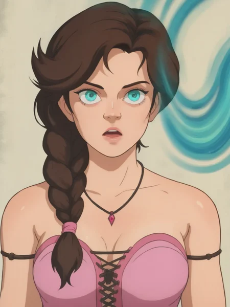 score_9, score_8_up, score_7_up,1girl,  solo, jezmineconanadv, turquoise eyes, brunette hair, long hair, braid, <lora:100_jezmine_pdxl:1>, pink jez bustier, deep cleavage, armband, necklace, medium breasts, bare shoulders,    staring, mind control, hypnotized, close up view, open mouth, expressionless, dark magic