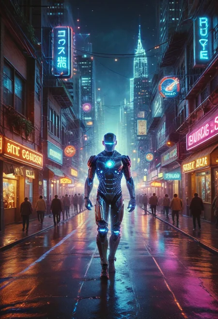 score_9,score_8_up,score_7_up, A soon to be unemployed blue robot, 1 man, futuristic cyberpunk cityscape background, neon lights and brightly lit marquees, wet streets reflect the neon glow of the city, analog photography, ultrarealistic, hdr, Cyberspace, psych3delic