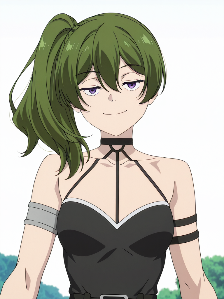 Übel,ubel,solo,side ponytail,black dress,dress,collarbone,looking at viewer,upper body,smile,bare shoulders,arm strap,o-ring,choker,armlet,closed mouth,breasts,outdoors,sleeveless,anime screencap,white background,