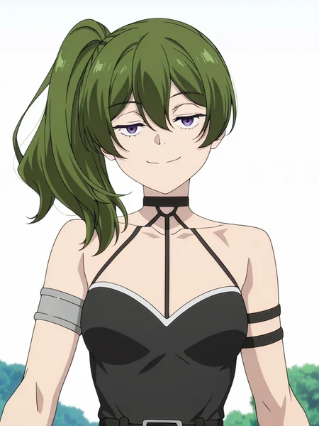 Übel,ubel,solo,side ponytail,black dress,dress,collarbone,looking at viewer,upper body,smile,bare shoulders,arm strap,o-ring,choker,armlet,closed mouth,breasts,outdoors,sleeveless,anime screencap,white background,
