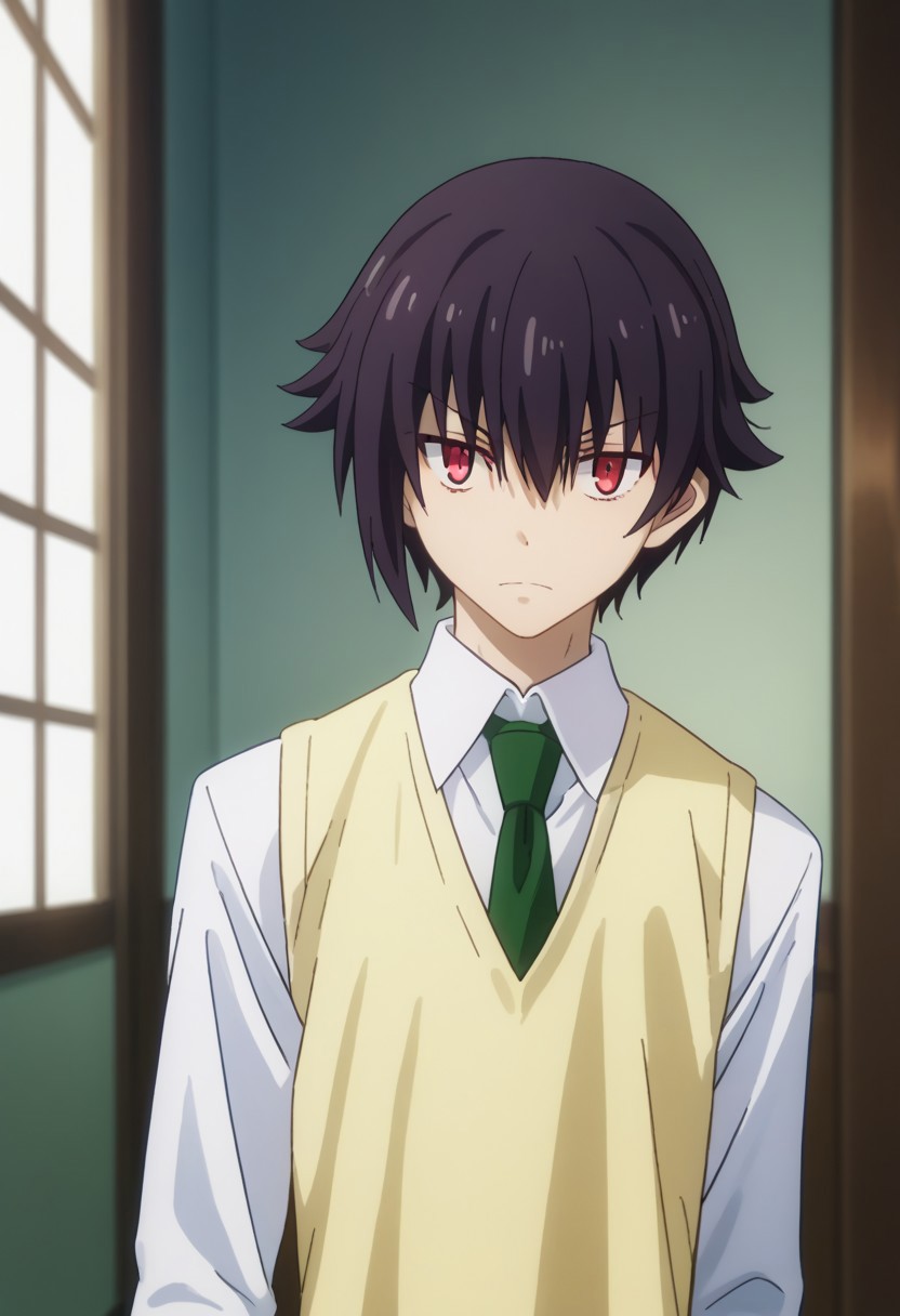 score_9, score_7_up, source_anime 
gekkou, 1boy, male focus, solo, red eyes, black hair, hair between eyes, school uniform, shirt, white shirt, collared shirt, necktie, green necktie, sweater vest, 
indoor,