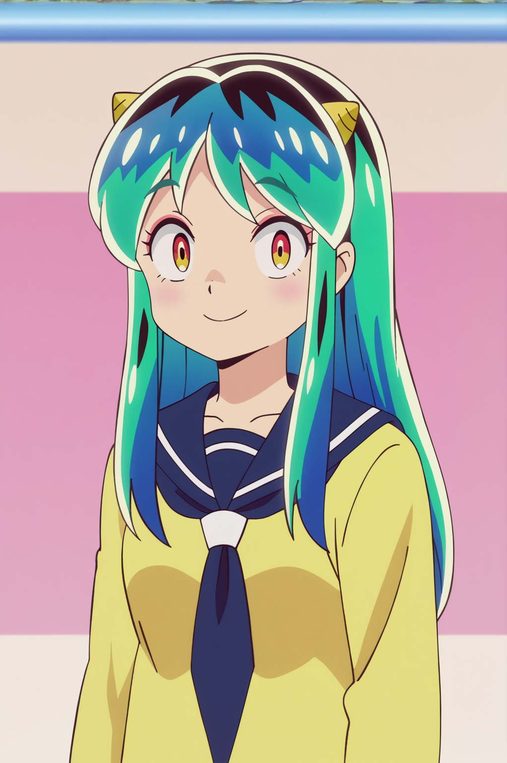 anime screencap, consistent background,   Lum, upper body, light smile, school uniform <lora:Private_Urusei_Yatsura_2022_-_Lum_-_PDXL:0.8>