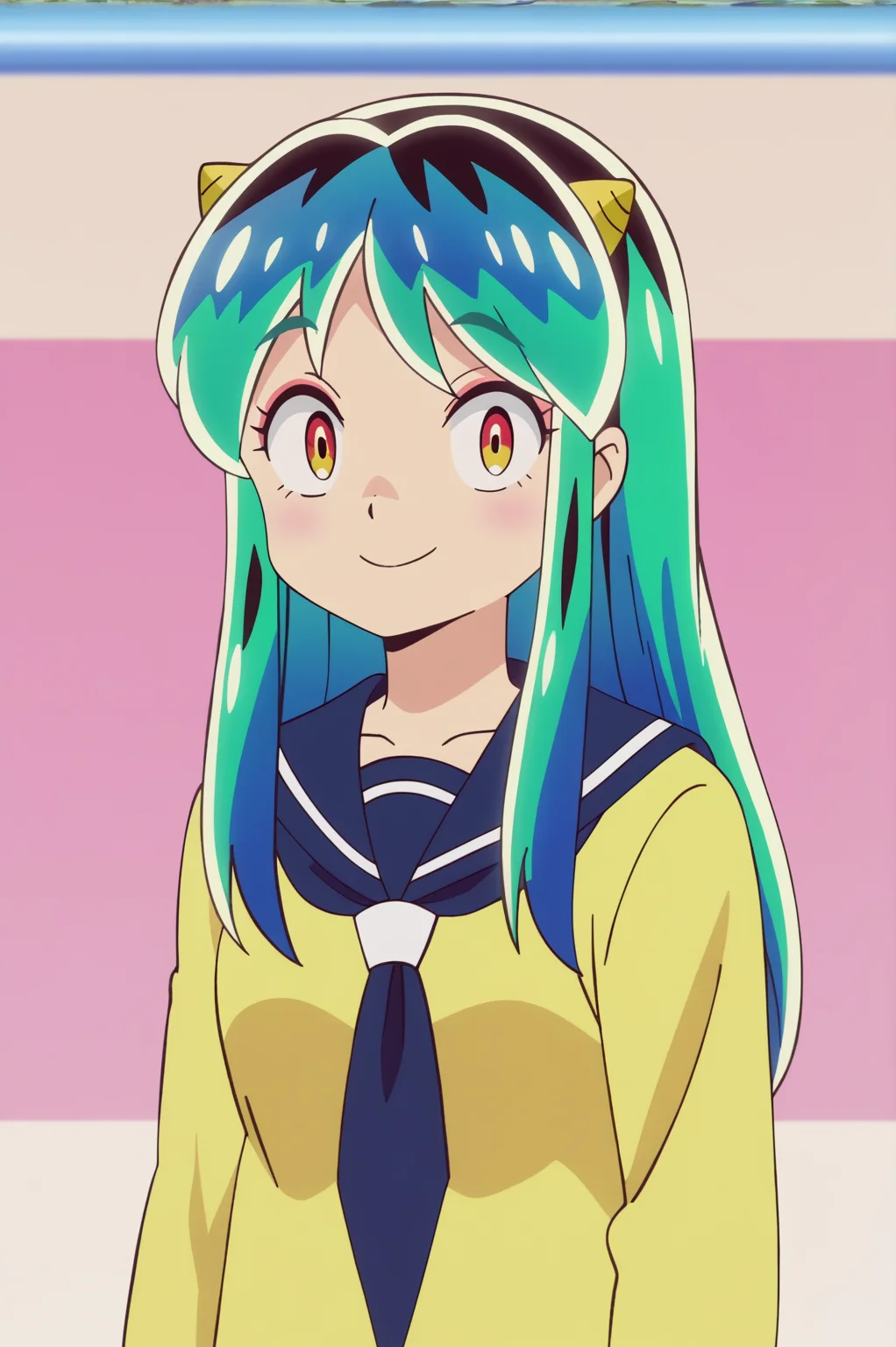 anime screencap, consistent background, Lum, upper body, light smile, school uniform <lora:Private_Urusei_Yatsura_2022_-_Lum_-_PDXL:0.8>