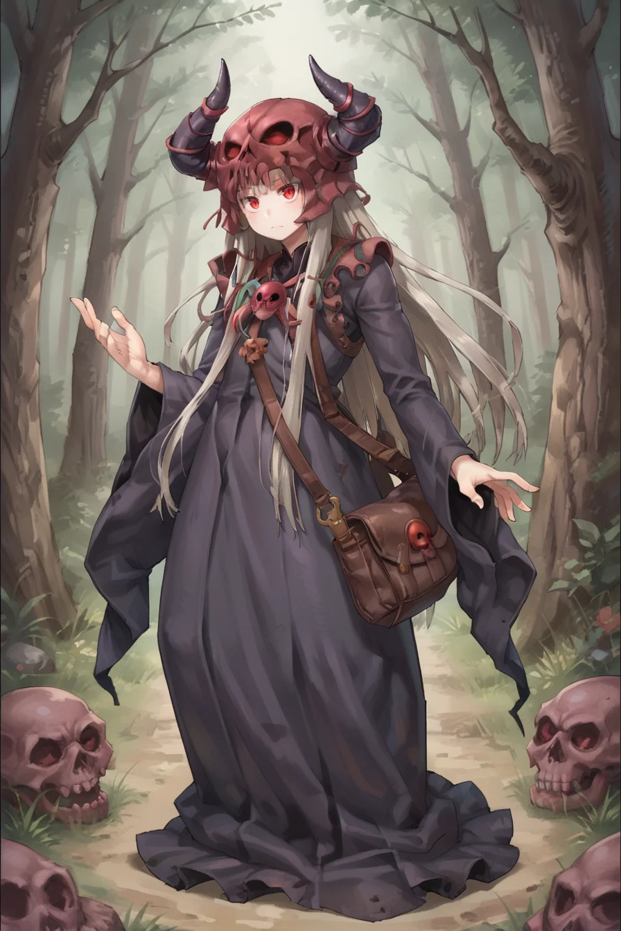 (score_9, score_8_up, score_7_up, score_6_up), source anime, BREAK, <lora:Necromancer:0.7> , necdef, 1boy, red eyes, long hair, grey hair, horned helmet, skull brooch, robe, long sleeves, bag, looking at viewer, solo, standing, full body, <lora:zy_Detailed_Backgrounds_v1:0.2> , detailed background, highly detailed, outdoors, forest, <lora:tangtang:0.65> , tangtang,