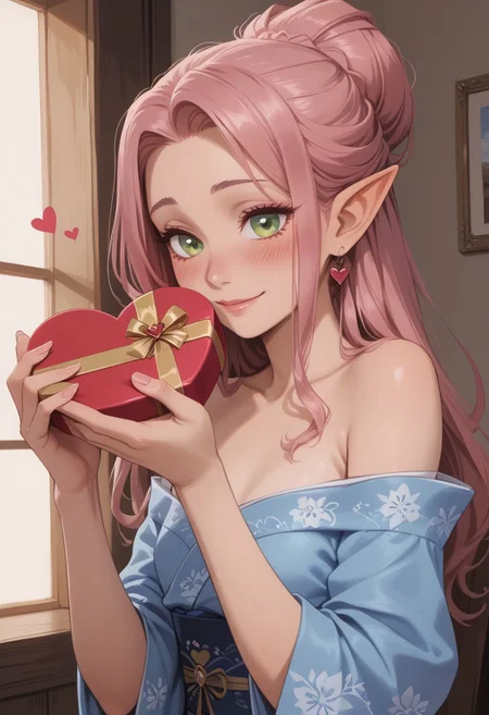 safe_pos, score_9, score_8_up, score_8, perfect detailed face, eyeliner, detailed fingers, detailed eyes. 1girl, sexy elf woman, slim, small breasts, long hair, pink hair, updo hair, green eyes, heart-shaped box, holding, box, gift, valentine,blush, shy smile, shy, zen garden, blue short kimono, bare shoulders, bare legs, hearts, close up