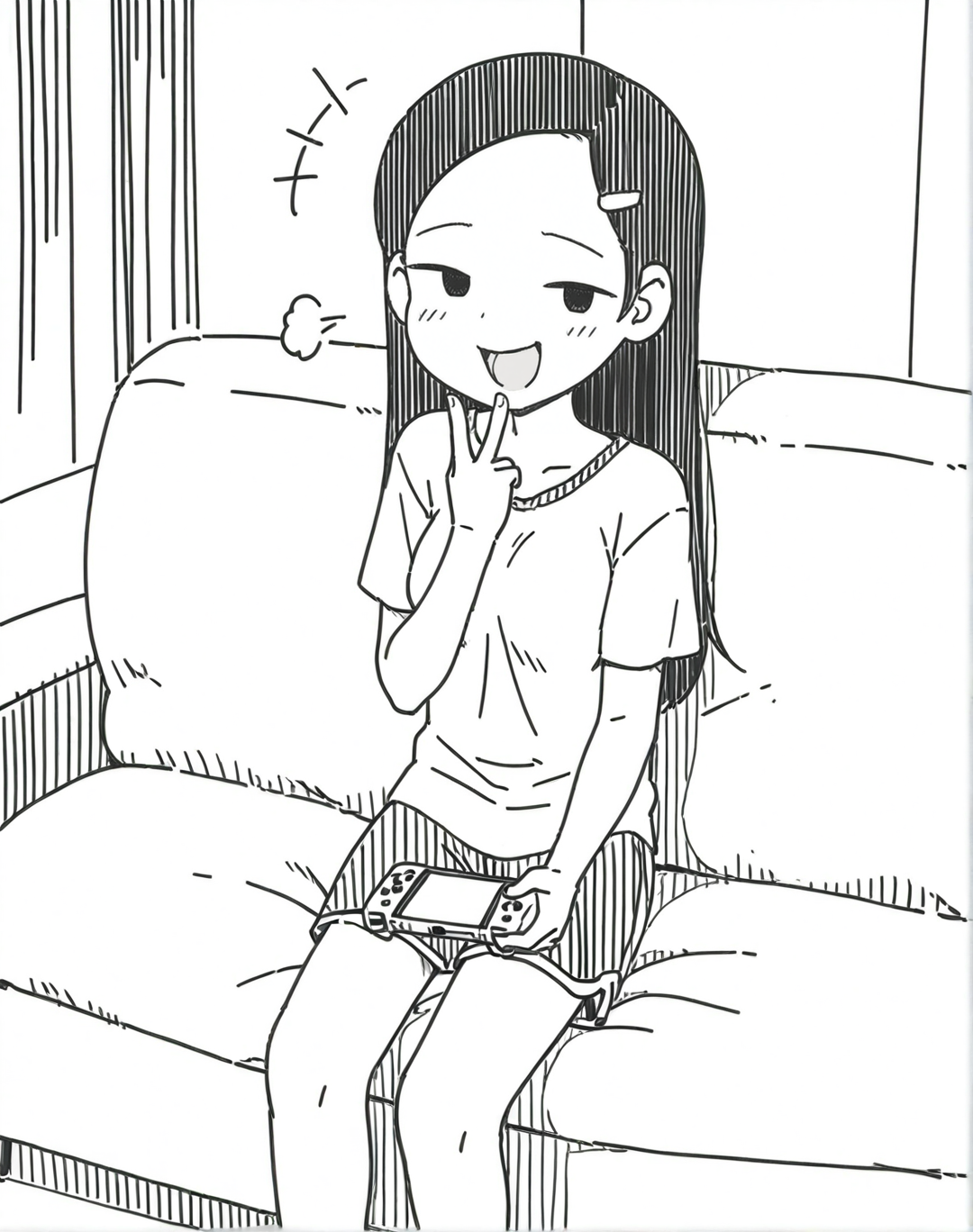 <lora:holidaygaki:1>1girl,  holidaygaki,v, fullbody,sitting,sofa,holding game,gently laugh,looking at viewer, hairpin,  ,masterpiece, best quality,,no sclera,shorts, shirts,Forehead  ,greyscale,comic,,middle breasts,