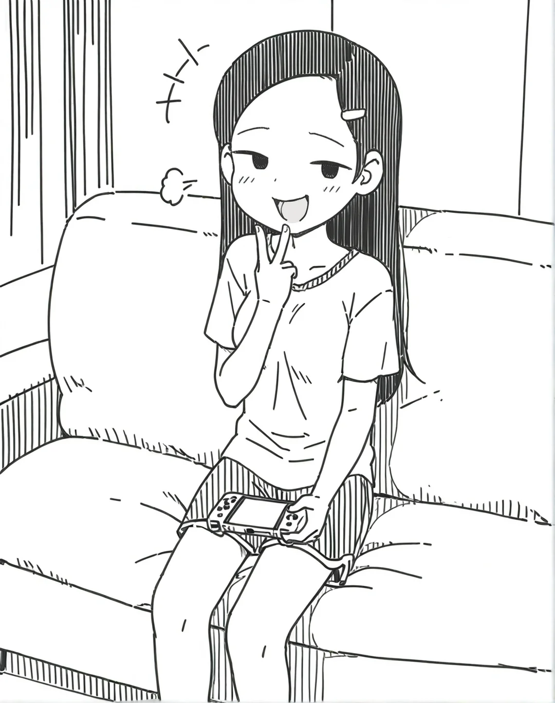 <lora:holidaygaki:1>1girl, holidaygaki,v, fullbody,sitting,sofa,holding game,gently laugh,looking at viewer, hairpin, ,masterpiece, best quality,,no sclera,shorts, shirts,Forehead ,greyscale,comic,,middle breasts,
