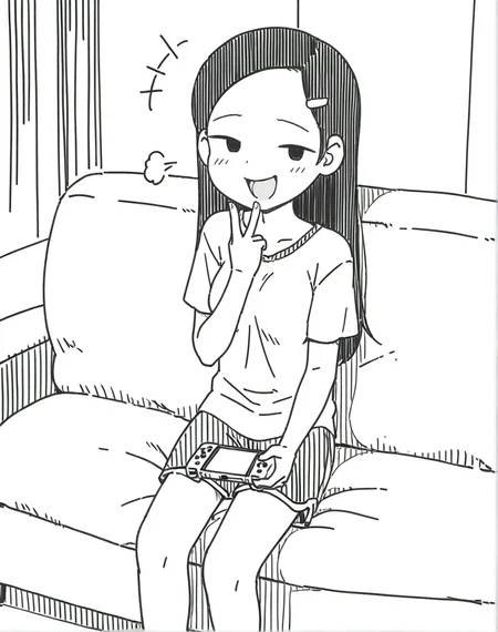<lora:holidaygaki:1>1girl, holidaygaki,v, fullbody,sitting,sofa,holding game,gently laugh,looking at viewer, hairpin, ,masterpiece, best quality,,no sclera,shorts, shirts,Forehead ,greyscale,comic,,middle breasts,