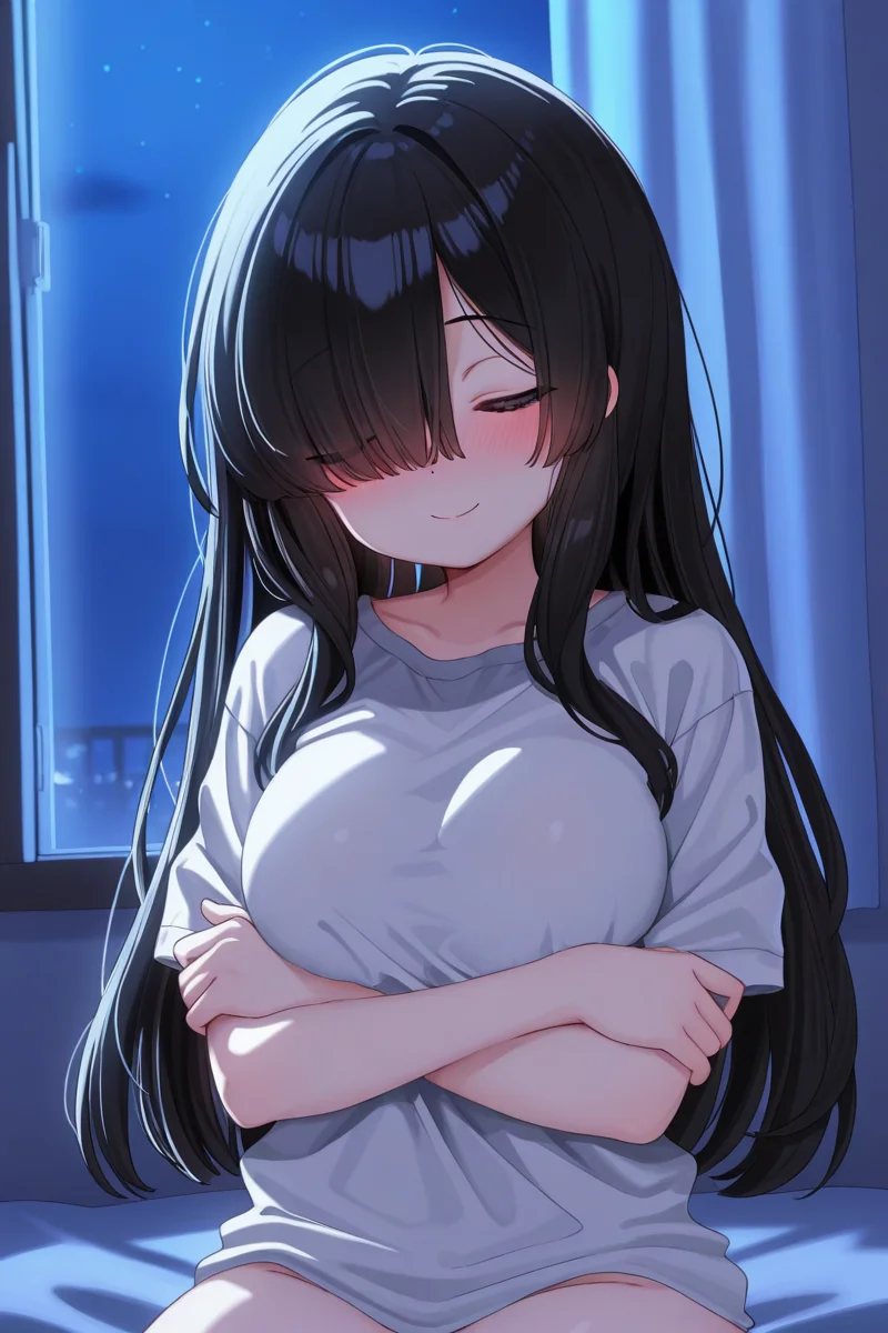 masterpiece, best quality, amazing quality,
<lora:Hayama_IL:1> hayamasalt, 1girl, long hair, solo, black hair, sitting, hair over one eye, curtains, closed eyes, crossed arms, shirt, night, smile, breasts, window, closed mouth, short sleeves, blush
