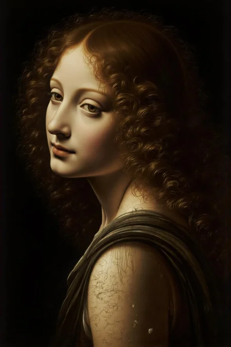 davinci1 painting.
A young woman, shown in side profile, has curly brown hair and wears a draped garment. She is gazing the left, with her head turned slightly. <lora:davinci1_cap_d6a3e12:1.0><lora:852102468983593832:0>