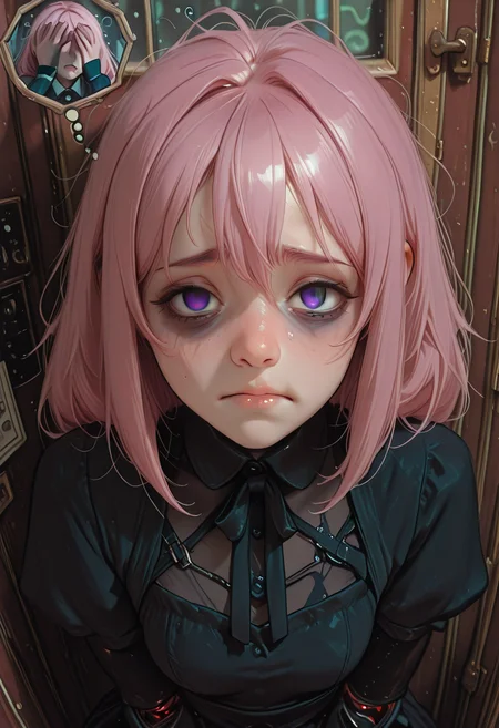 masterpiece, detailed_eyes, high_quality, best_quality, highres, absurdres, 8k, subject_focus, depth_of_field, <lora:lerapi_ill:1>, <lora:MoriiMee_Gothic_Niji_Style_Illustrious_r1:1>, lerapi, artist:moriimee , (soft_shading_anime) , expression filled with desire , <lora:CivChan:1> , 1girl, CivChan, pink hair, purple eyes, unhappy,tired,bag under eyes, empty eyes,depression, messy, android, black dress , broken website, 404 error page, frustrated users, confused visitors, rage comics, memes scattered about, technical support chat window, loading screen stuck at 99%, sad error mascot, facepalm moments, "under maintenance" signs