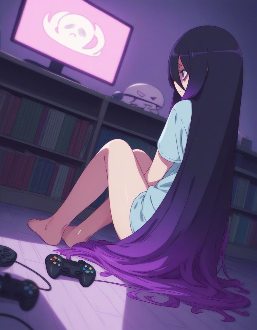 score_9,score_8_up,score_7_up, BREAK ( by ppp),  1girl,  black hair, purple eyes,  gradient hair,  very long hair,  gloom, bags under eyes, purple hair,  hair over one eye,  ghosts , at a library, solo,  facing the screen, playing games,  controller,  sitting , on floor, dutch angle, neon light  screen  , monitor,  wariza,  from side,