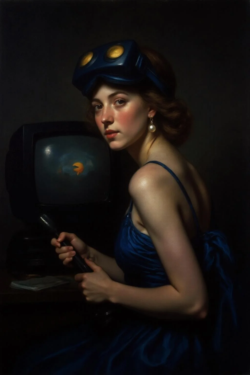 jore1 painting
of a young woman turned slightly toward the viewer, She wears a deep blue VR Headset with golden yellow lenses draped elegantly over her head, complementing her smooth, glowing complexion. Her gaze is soft yet piercing, and her slightly parted lips add an air of mystery. She is wearing a VR Headset over head. She also hold a joystick in her hand. There is a TV monitor behind her displaying Pacman. A single, luminous pearl earring hangs from her ear, catching the light and drawing attention to her delicate features. The background is dark and muted, creating a dramatic contrast that emphasizes her presence and the subtle interplay of light and shadow on her face and attire. The overall atmosphere is intimate and serene, with a masterful balance of detail and simplicity <lora:jore1_cap_d6a3e12:1.0><lora:818379419803629187:0>