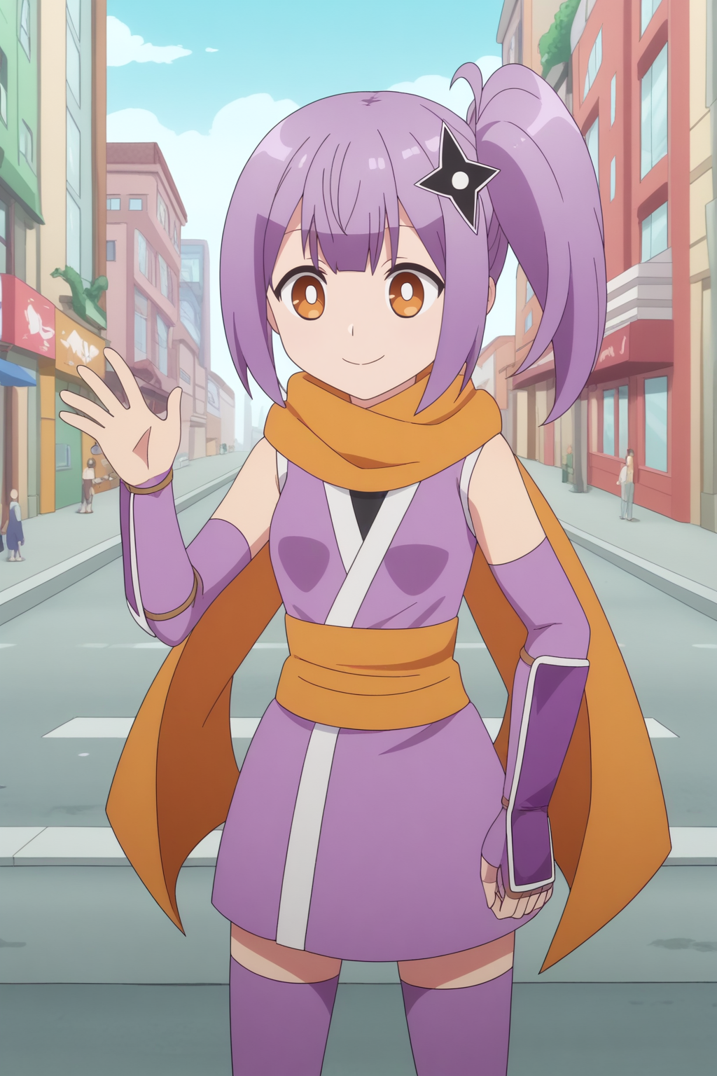 anime screencap, anime coloring, score_8_up, perfect background, outdoors, city, Satoko Kusagakure, purple kimono, sleeveless kimono, kunai, orange scarf, ninja, zettai ryouiki, purple thighhighs, purple elbow gloves, light smile <lora:Ninja_to_Koroshiya_no_Futarigurashi_-_Satoko_Kusagakure_-_PDXL:0.8>