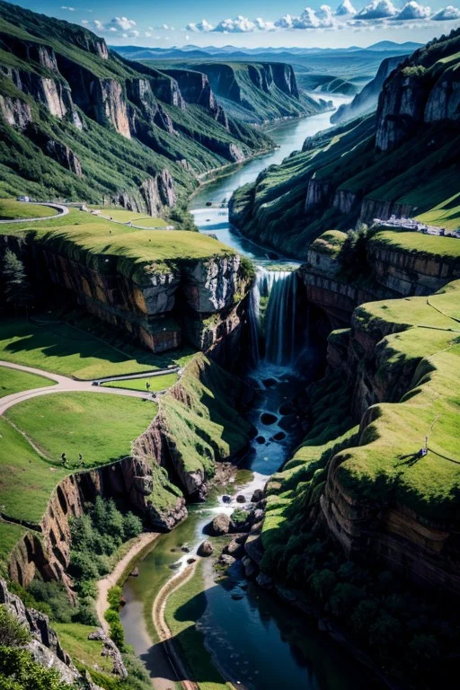 masterpiece, best quality, amazing quality
a cool image of an impossible landspace with some nice depth of field and dramatic colors, stunning landscape photograph from a bird's eye view, featuring a picturesque village situated on the banks of a river surrounded by lush green mountains and a waterfall in the background. scenery,32k, UHD, ultra detailed, vivid colors, high quality, sharp focus