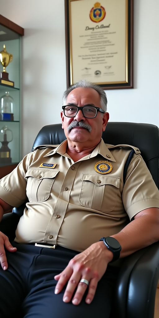 The image is a photograph of an older man with a muscular build, taken indoors. He is very handsome with a prominent mustache and glasses. The man has a stern expression on his face, with slightly furrowed eyebrows, a very handsome malay grandfather, who is lusty and a gangbang anal-whore. He is wearing only a tiny thin low-rise g-string which reveals his muscular arms, shoulders extremely beefy pectorals, stocky muscular gut and hairy torso and hairy pubic hair. This photograph features a man seated in a modern, black leather armchair with a cushioned seat. He is dressed in unbuttoned beige police uniform, which includes a short-sleeved shirt with several pockets and a distinctive emblem on the left shoulder. The uniform also has a badge and various insignia on the chest. The man has short, greying old man grandfather dark hair and is seated comfortably with his hands tied behind, with his arms tied behind.

The background of the image shows a clean, well-lit room with white walls and polished, light-colored flooring. To the left, there is a glass display case or cabinet containing trophies or awards on a wooden shelf. The room also features a framed picture on the wall above the man, which appears to be a certificate or a piece of artwork, though it's not fully visible. The overall setting suggests a professional or official environment, possibly an office or a police station. The lighting in the room is bright, indicating it's daytime, and the overall atmosphere is clean and organized. The man's attire and the setting imply he is a police officer, possibly in a supervisory or administrative role. but emphasize on his G-string which is very tiny very tight, very low-rise and he have very thick hairy pubic hair, and showing off his muscular gut and beefy strong pectorals hairy malay body.

<lora:FLUX1/Self Trained/malay 001.safetensors:1.0>, <lora:FLUX1/Self Trained/malay male 002.safetensors:1.0>, <lora:FLUX1/Self Trained/malay male 003.safetensors:1.0>, 
<lora:FLUX1/G-String-Flux_r1-000017.safetensors:2.1>, <lora:FLUX1/Hands_tied_behind_back_FLUX-000008.safetensors:1.0>, 