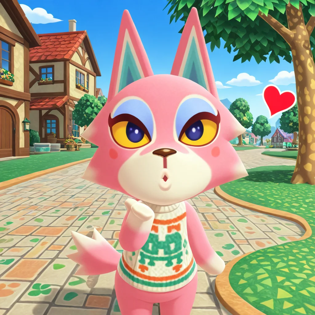 masterpiece, best quality, amazing quality, very aesthetic, high resolution, ultra-detailed, absurdres, newest, animal crossing BREAK 1girl, solo, Fr3ya, anthro, furry female, pink fur, blue eyes, colored sclera, yellow sclera, blue eyeshadow, wolf tail, blowing kiss, heart, puckered lips, o3o, looking at viewer, facing viewer, outdoors, town, buildings, grass, trees