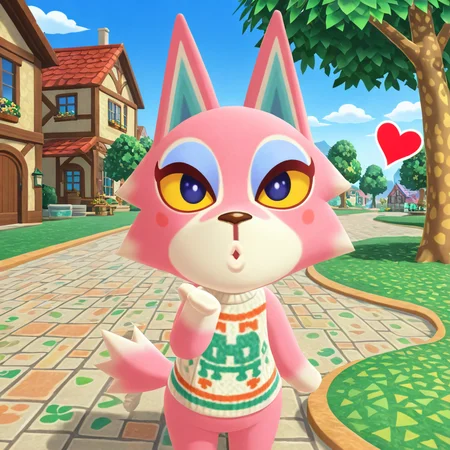 masterpiece, best quality, amazing quality, very aesthetic, high resolution, ultra-detailed, absurdres, newest, animal crossing BREAK 1girl, solo, Fr3ya, anthro, furry female, pink fur, blue eyes, colored sclera, yellow sclera, blue eyeshadow, wolf tail, blowing kiss, heart, puckered lips, o3o, looking at viewer, facing viewer, outdoors, town, buildings, grass, trees