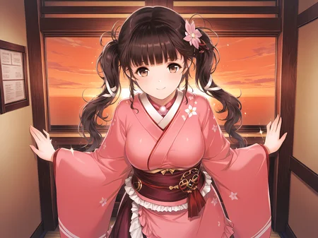 <lora:HaHa_Ranman_Illustrious:1>,uka,ukimono outfit,alicesoft,standing,indoors,medium breasts,kimono,smiling,looking at viewer,sparkle,sunset,, masterpiece,best quality,amazing quality,
