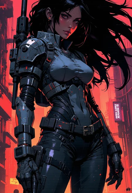 magnificent, closeup portrait, female bounty hunter, flowing black hair, futuristic armor, sexy, curvy, large breasts, large ass, a rifle strapped to her back, holstered pistol, Cyberpunk City, Neon Lights,
Cowboy Shot, close up,