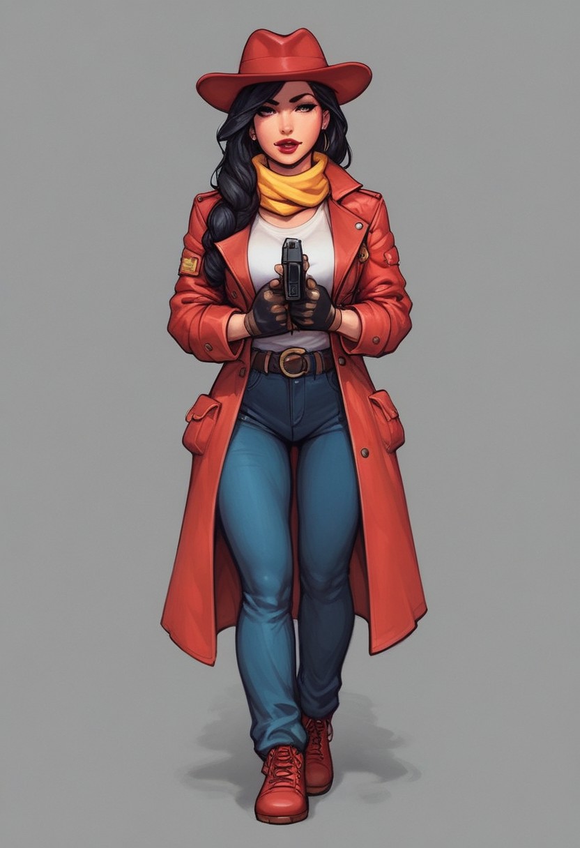 score_9, score_7, score_8, score_6, 1girl, solo, detailed, expressive, masterpiece,
carmensandiego, hat, long hair, lipstick, gloves, black hair, red coat, trench coat, red headwear, yellow scarf, yellow hatband,
knva,
(((full-clothed))), ((long big pistol in hands, handgun in hands))
BREAK 
strange world background score_9, score_8_up, score_7_up, score_6_up, source_cartoon, rating_explicit, Expressiveh, (((((full body))))), dynamic pose