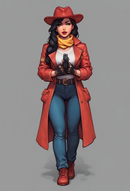 score_9, score_7, score_8, score_6, 1girl, solo, detailed, expressive, masterpiece,
carmensandiego, hat, long hair, lipstick, gloves, black hair, red coat, trench coat, red headwear, yellow scarf, yellow hatband,
knva,
(((full-clothed))), ((long big pistol in hands, handgun in hands))
BREAK
strange world background score_9, score_8_up, score_7_up, score_6_up, source_cartoon, rating_explicit, Expressiveh, (((((full body))))), dynamic pose