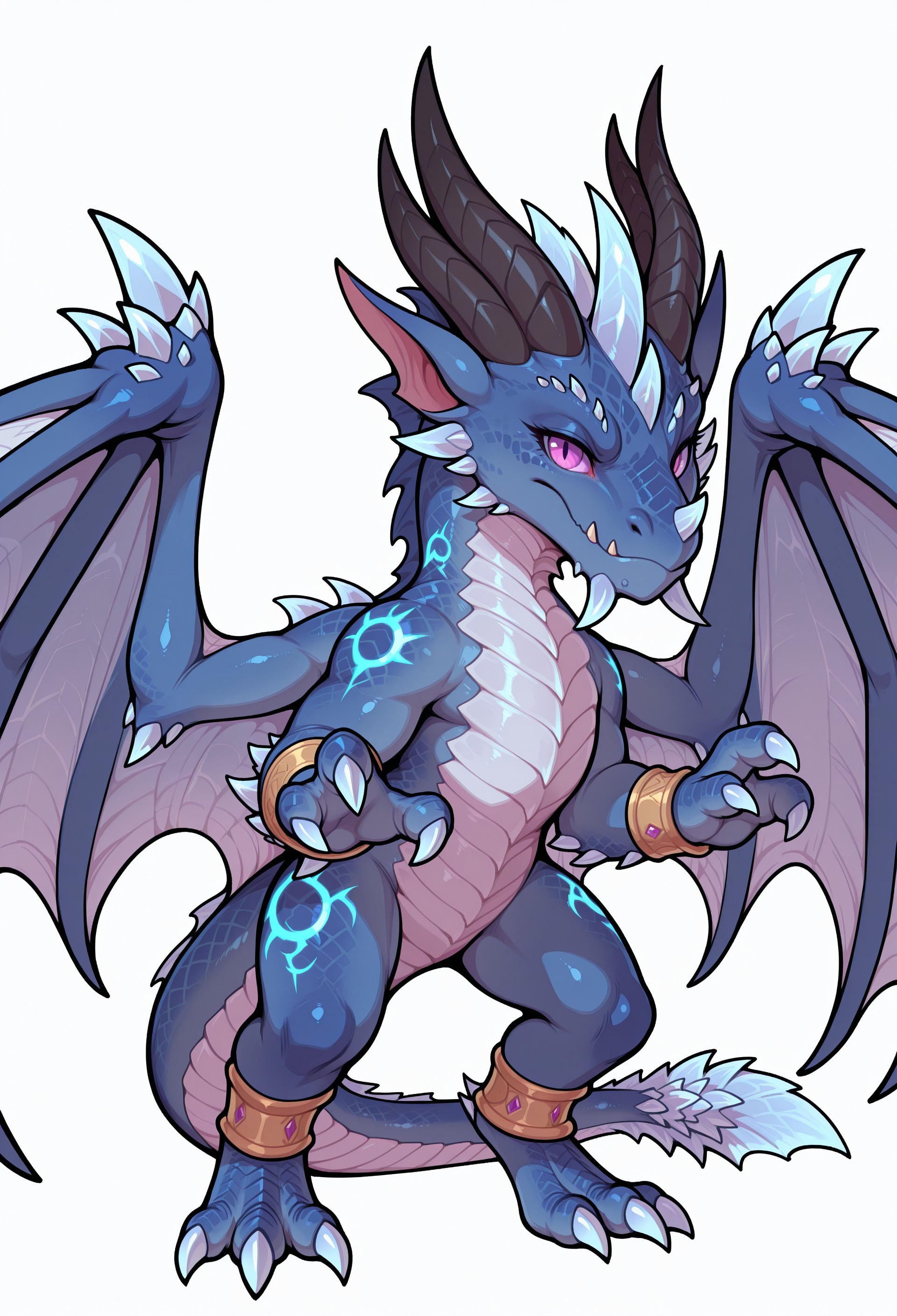 masterpiece,best quality,amazing quality, kalecgos,dragon, full body, solo, wings, tail, claws, purple eyes, standing, simple background, white background, (chibi), looking at viewer, (3 toes), wings,(3 fingers:1.5, 3fingers:1.4), glowing markings, closed mouth, (bracelet:1.3, detailed hands:1.2),  detailed eyes, 