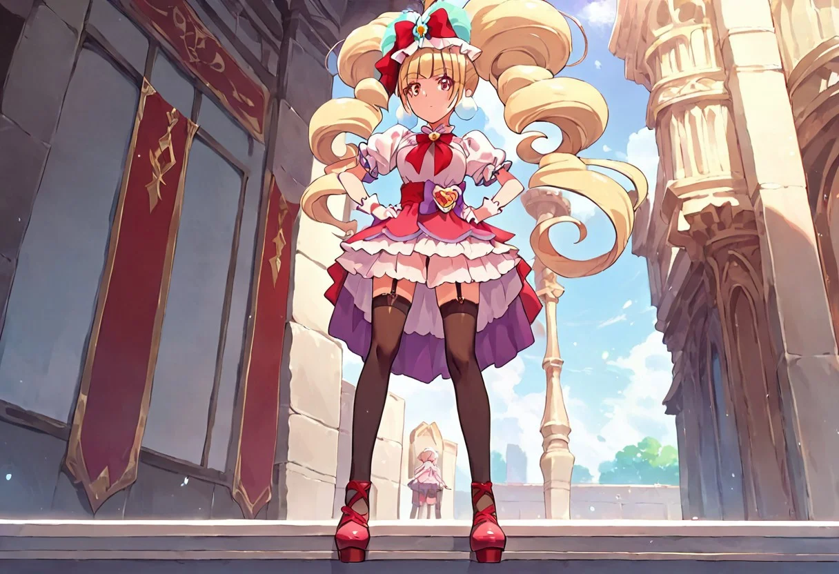 curemacherie, high heels, garter straps, thighhighs, outside,  score_9, score_8_up, score_7_up, ,source_anime, best quality, masterpiece,   , full body view ,collarbone ,  1girl , solo , girl focus , censored, standing, medium breasts,  score_9, score_8_up, score_7_up, ,source_anime, best quality, masterpiece, , garter straps , 1girl , solo , girl focus,, full body view, facing viewer, hands on hips, low angle view, from below,