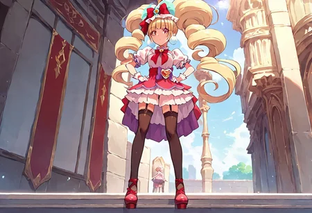 curemacherie, high heels, garter straps, thighhighs, outside, score_9, score_8_up, score_7_up, ,source_anime, best quality, masterpiece, , full body view ,collarbone , 1girl , solo , girl focus , censored, standing, medium breasts, score_9, score_8_up, score_7_up, ,source_anime, best quality, masterpiece, , garter straps , 1girl , solo , girl focus,, full body view, facing viewer, hands on hips, low angle view, from below,