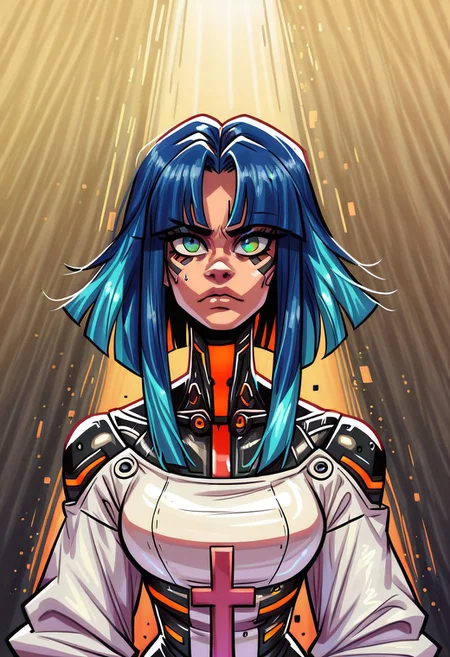 <lora:OC_Rae_Character_LoRA_PonyXL:1>
score_9, score_8_up, score_7_up, score_6_up, 1girl, BREAK,
Ra3lyn, Cyberpunk Style, masterpiece, best quality, good quality, very aesthetic, absurdres, newest, 8K, depth of field, half-face demon, focused subject, portrait, dynamic angle, action shot, 1girl, solo, medium hair, split hair, split-color hair, two tone hair, blue hair, red hair, (low-tied_long_hair), front locks, twin locks, front locks, white clothing, looking at viewer, fierce look, organic, the cyborg is very sinister and dangerous, cross_draw, glowing katana, thermal katana, sword_draw, iaido, one_hand_on_sheath, unsheathing, duality, light and shadow, dark and bright
in the style of cksc, zPDXL <lora:PonyXL_Teelokay_Style_LoRA:0.8>