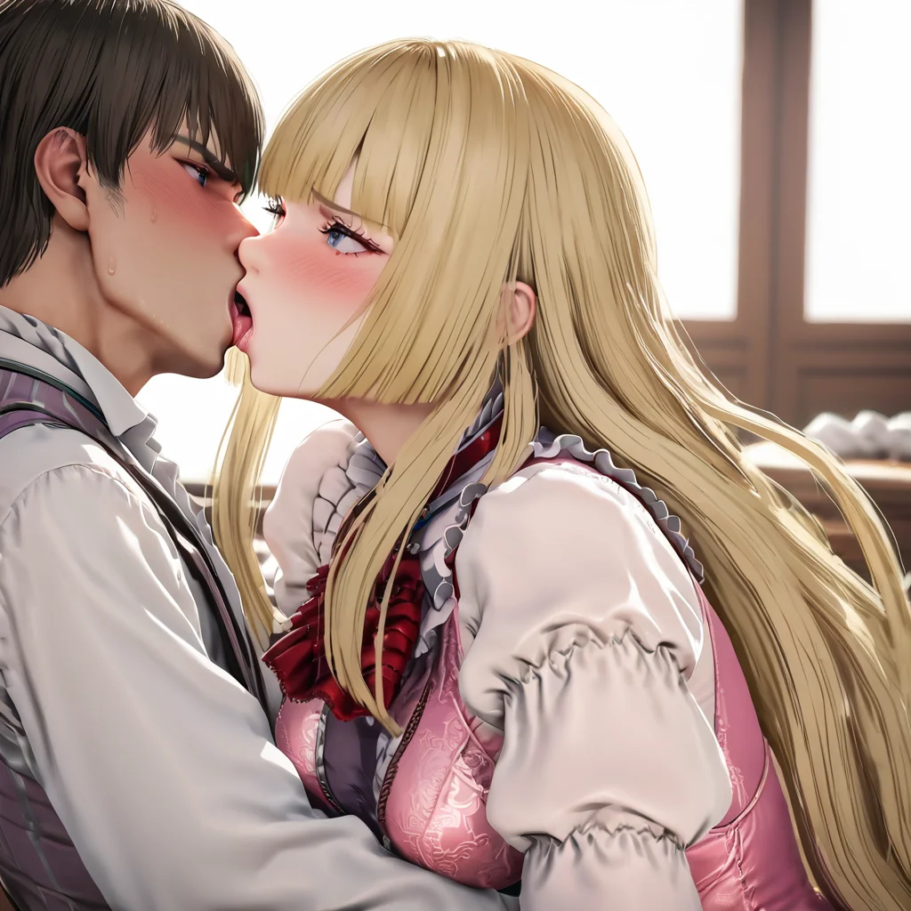 masterpiece, best quality, tekken 8_lily, pink thighhighs, blue eyes, blonde hair, long hair, embarrassed, 1boy, (french kiss:1.2), grabbing from behind,  <lora:Tekken_lily_xl:0.8>