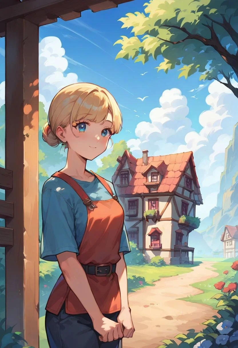 score_9,score_8_up,score_7_up,source_anime, 1girl, blonde, fantasy town landscape, blue sky, cute face, beautiful face