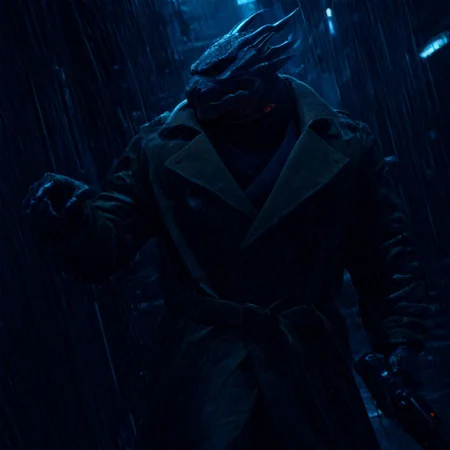 Dragonborn with trench coat in the rain running in the street pointing blade runner blaster toward the camera, easynegative, Dragonborn, furry dragon, Blade runner, bldrnrblstr, well lit, light bloom