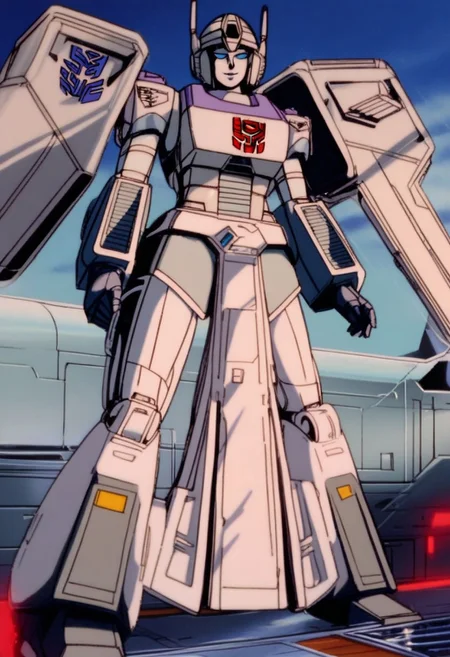 score_9, score_8_up, score_7_up, animation, transformers, 1girl, robot, Decepticon, Tall, slim, Seeker, Starscream glowing eyes, blue eyes, large eyes, circular eyes, white armour, forward long jet swept wings, transforms into futuristic Stealth Mig Fighter Jet, full body, cowboy shot, smiling, holding null ray blasters, Decepticon Symbol (purple), long skirt armour (straight), head crown,
<lora:StarScream1.2:1>