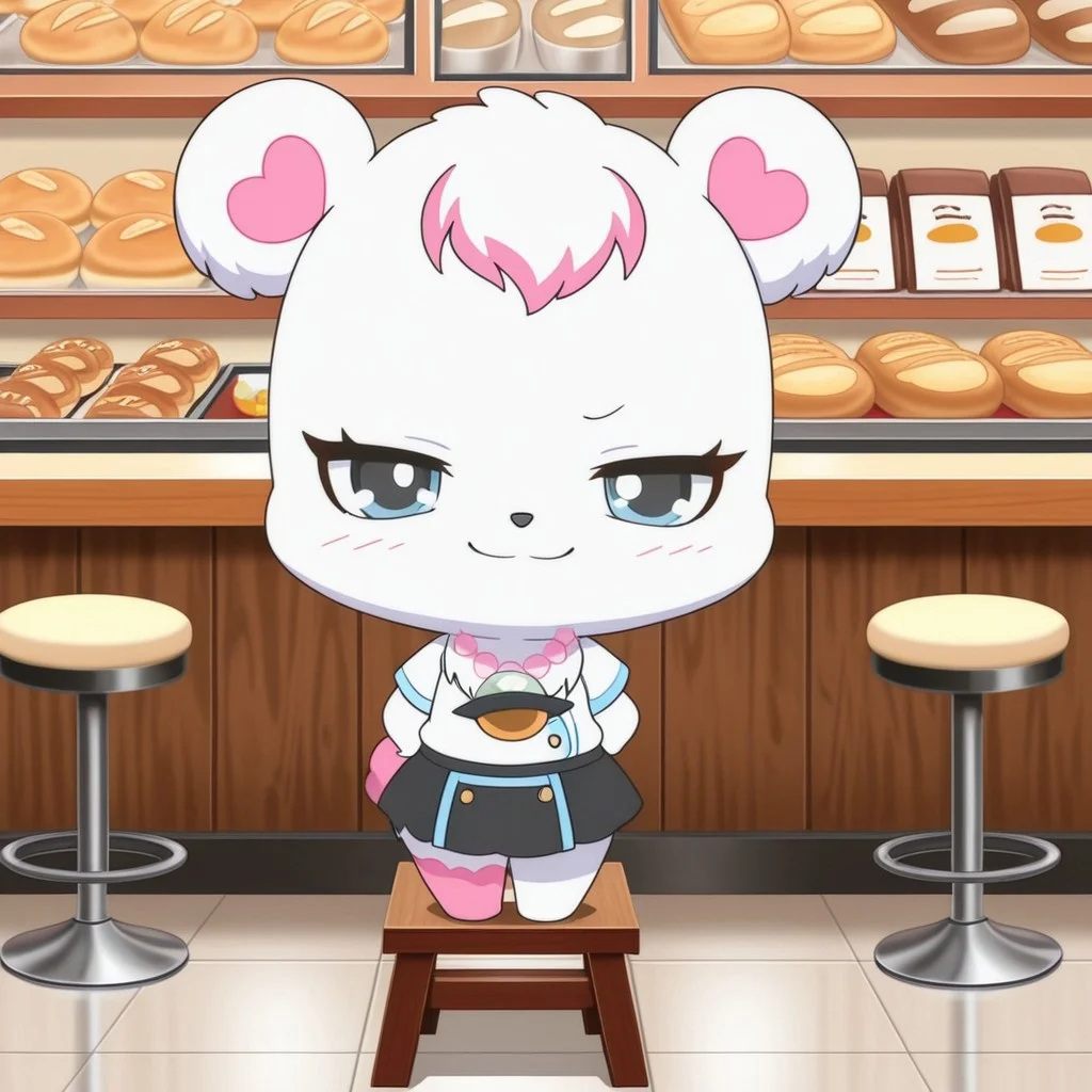 best quality, masterpiece, smirks, Full Body, Romantic, Small 2character, Body, Furry, looking_pleasured,labrajp, chibi, feral, multicolored hair, pink tail, tufted fur, furry, one pink leg, necklace, bear, bakery shop, bakery uniform, bakery outfit, restaurants, lobby smirk at viewer, being cute towards viewer, cashier, uniform, restaurants uniform shirt, restaurants skirt, register, counter, table, booth, stool,